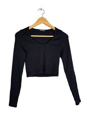 Stradivarius Black Knit Long Sleeve Crop Top Scoop Neck Medium